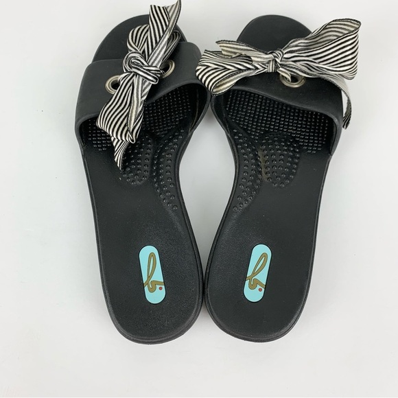 oka.b Slip On Black Slides Rubber Bow Front Tie Striped Sandals Medium - Picture 4 of 7